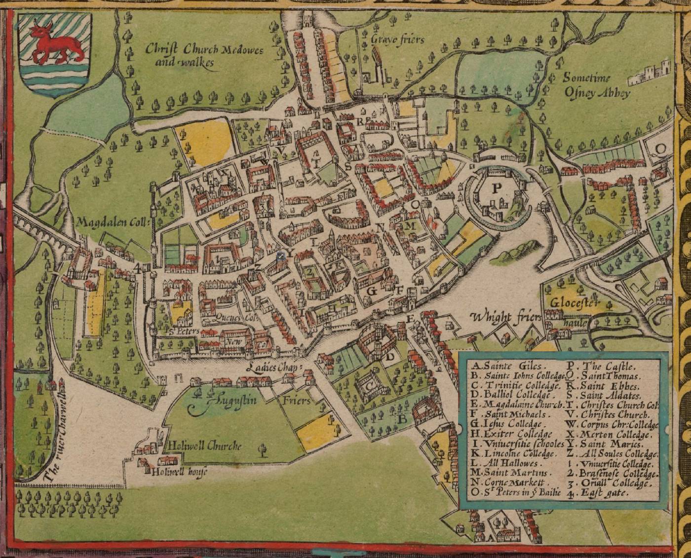 In 1605, Oxford was a walled city with several colleges outside the city walls (north is at the bottom) | Source: Wikipedia